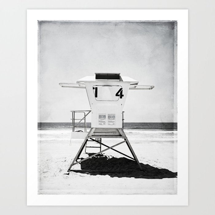 Black and White Beach Photography, Grey Lifeguard Stand, Gray Coastal Nautical Art Art Print