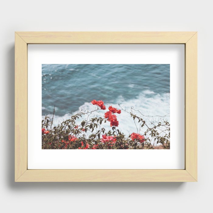 Bali beach - Sea view in Uluwatu - Red flowers - Travel Photography Recessed Framed Print