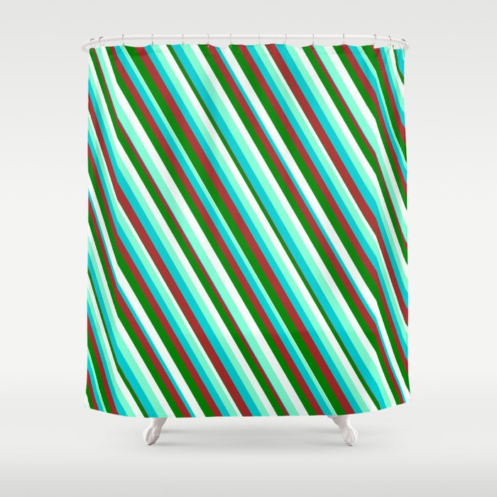 Eyecatching Aquamarine, Dark Turquoise, Brown, Green, and Mint Cream Colored Pattern of Stripes Shower Curtain