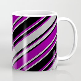 [ Thumbnail: Purple, Dark Gray & Black Colored Striped/Lined Pattern Coffee Mug ]