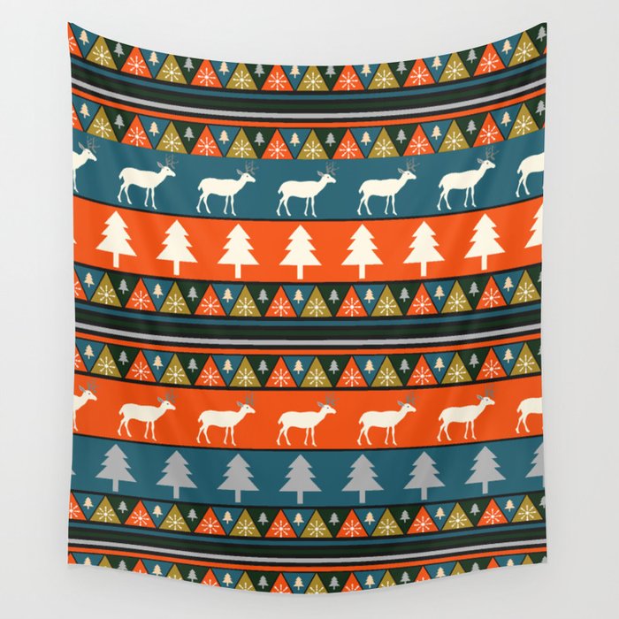 Festive Christmas deer pattern Wall Tapestry