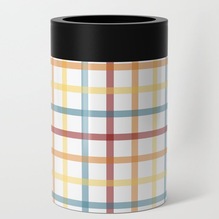 Fresh Plaid 1 - teal red orange yellow on white Can Cooler