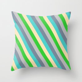 [ Thumbnail: Eyecatching Grey, Light Slate Gray, Turquoise, Beige & Lime Green Colored Stripes/Lines Pattern Throw Pillow ]