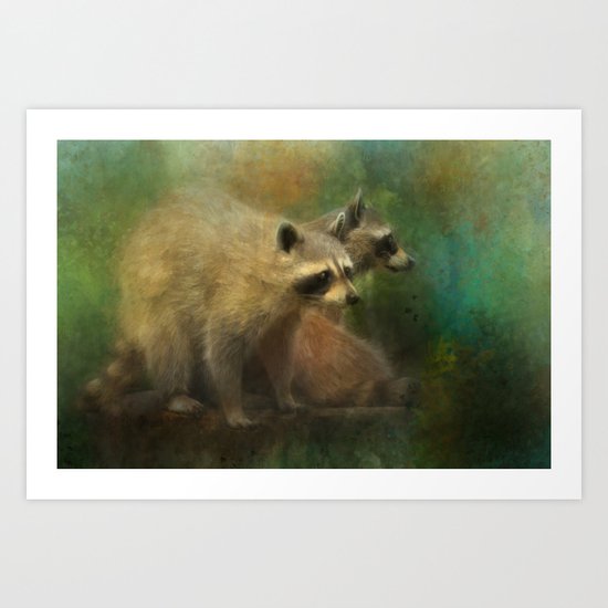 Raccoons Waiting for Nighfall Art Print