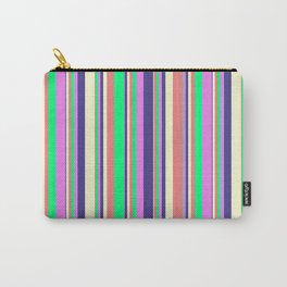 [ Thumbnail: Vibrant Light Coral, Green, Violet, Dark Slate Blue, and Light Yellow Colored Pattern of Stripes Carry-All Pouch ]