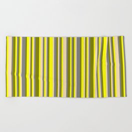 [ Thumbnail: Green, Yellow, Tan & Grey Colored Lined/Striped Pattern Beach Towel ]