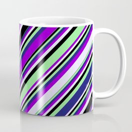 [ Thumbnail: Vibrant Dark Violet, Lavender, Black, Light Green & Midnight Blue Colored Lines Pattern Coffee Mug ]