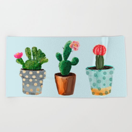 Three Cacti With Flowers On Light Blue Background Beach Towel