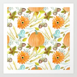 Autumn Harvest Pumpkins & Mushrooms Art Print