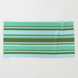 [ Thumbnail: Aquamarine, Dark Olive Green, and Powder Blue Colored Stripes/Lines Pattern Beach Towel ]