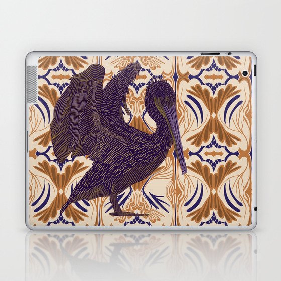 Open winged pelican bird on pattern background - purple Laptop & iPad Skin