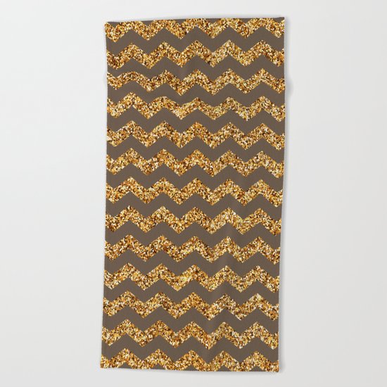 Brown Gold Glitter Chevron Beach Towel