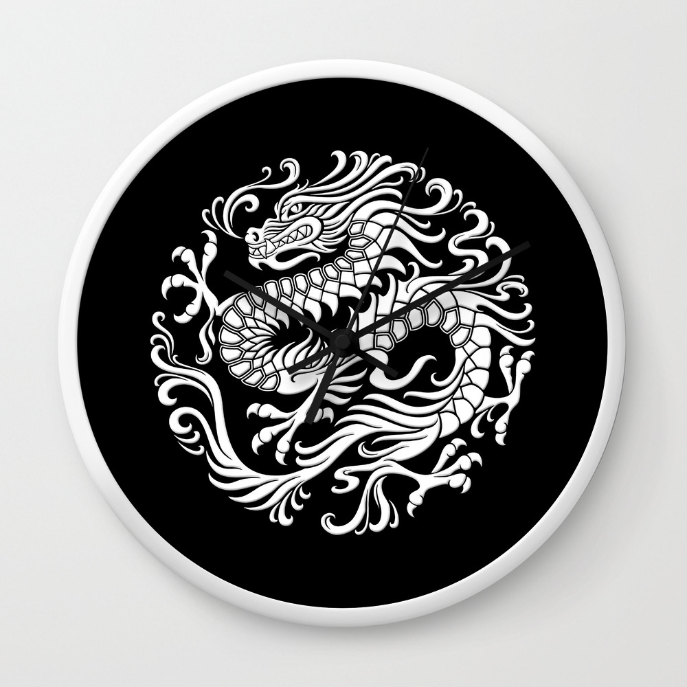 Traditional White And Black Chinese Dragon Circle Wall Clock