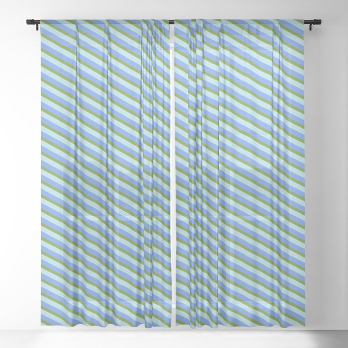 Green, Powder Blue, and Cornflower Blue Colored Lined Pattern Sheer Curtain