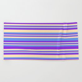 [ Thumbnail: Purple, Beige, and Cornflower Blue Colored Striped/Lined Pattern Beach Towel ]