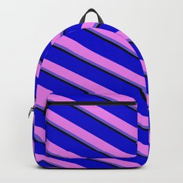 [ Thumbnail: Blue, Violet, Slate Blue, and Black Colored Lines Pattern Backpack ]