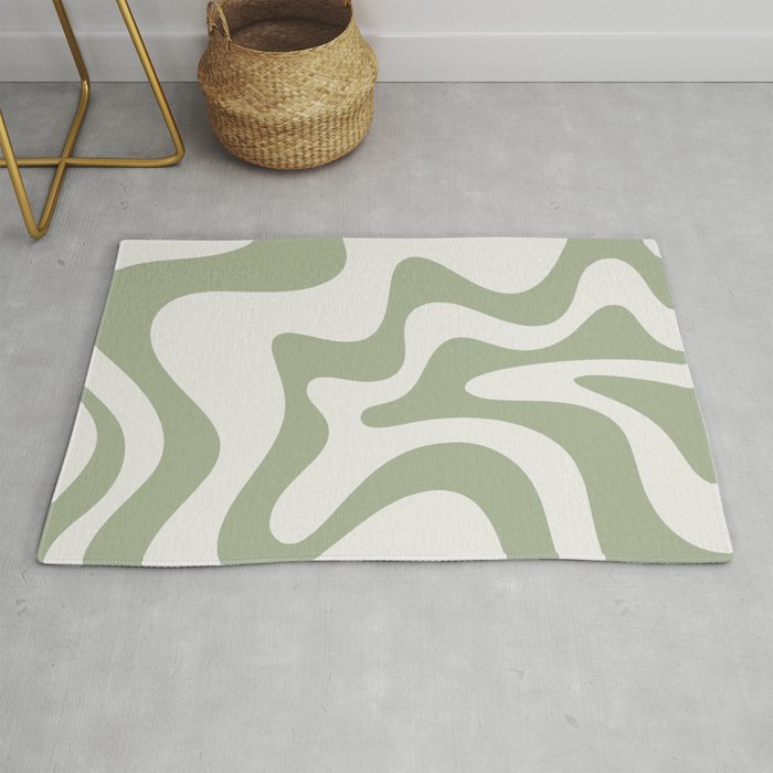 Retro Liquid Swirl Abstract Pattern Square Sage Green and Nearly White Rug