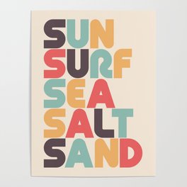 Sun Surf Sea Salt Sand Typography - Retro Rainbow Poster