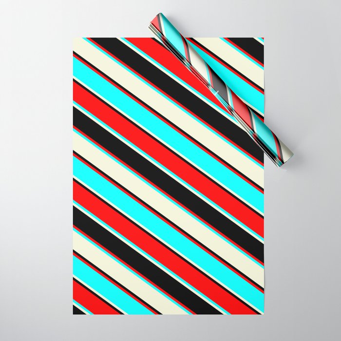 Red, Cyan, Beige, and Black Colored Lines/Stripes Pattern Wrapping Paper