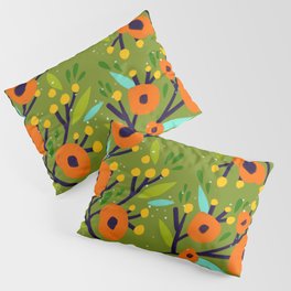 Leta Floral in Olive Green - Vintage Retro Flowers - Digital Painting Pillow Sham