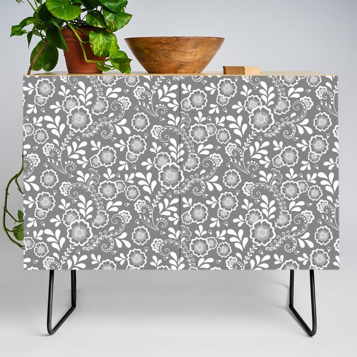 Grey And White Eastern Floral Pattern Credenza