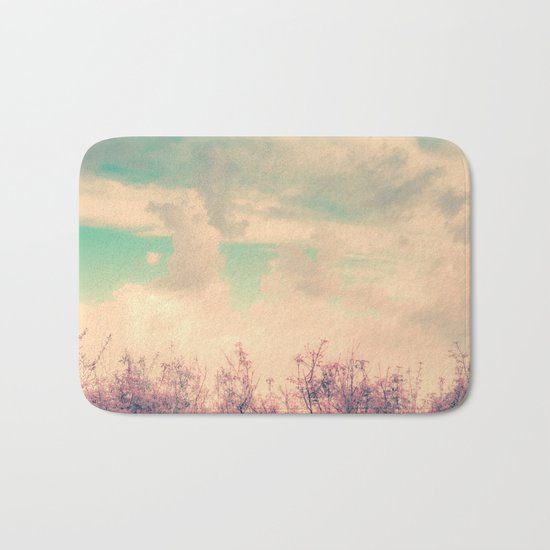Spring Daydream (Dusty Pink Flowers, Mint Green Sky) Bath Mat