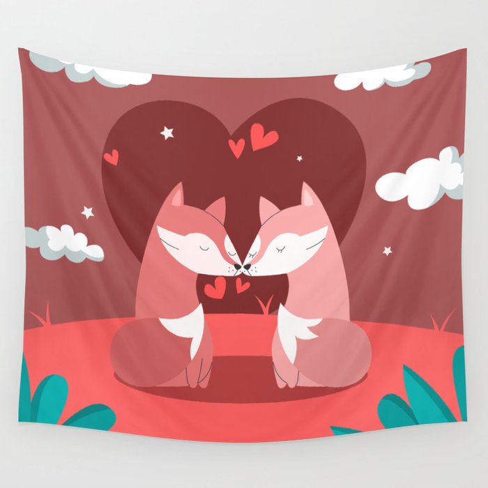 Cute Fox Couple Wall Tapestry