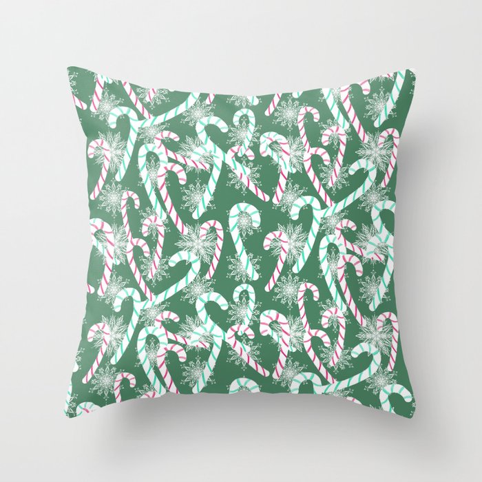 Frosty Canes Green Throw Pillow