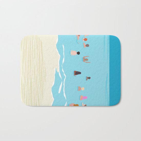 Stoked - memphis throwback retro neon pop art illustration socal cali beach surfing swimming sea Bath Mat