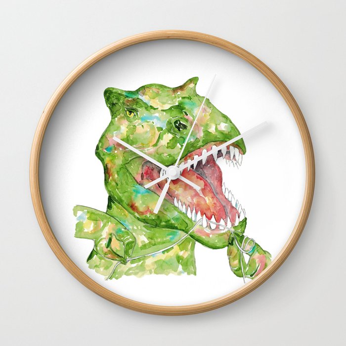 T-rex floss flossing brushing teeth dinosaur painting watercolour Wall Clock