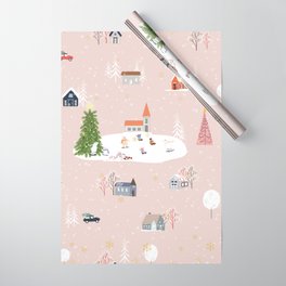Seamless pattern Cute Christmas landscape in the town with fairy tale houses,car,polar bear playing ice skates and Christmas trees,Panorama flat design in village on Christmas eve Wrapping Paper