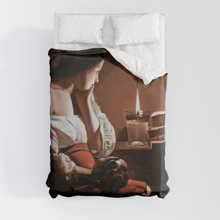 Magdalen with the Smoking Flame female staring at flame with skull of lover in hand portrait painting Duvet Cover