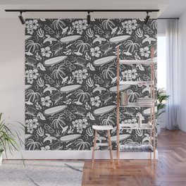Dark Grey and White Surfing Summer Beach Objects Seamless Pattern Wall Mural