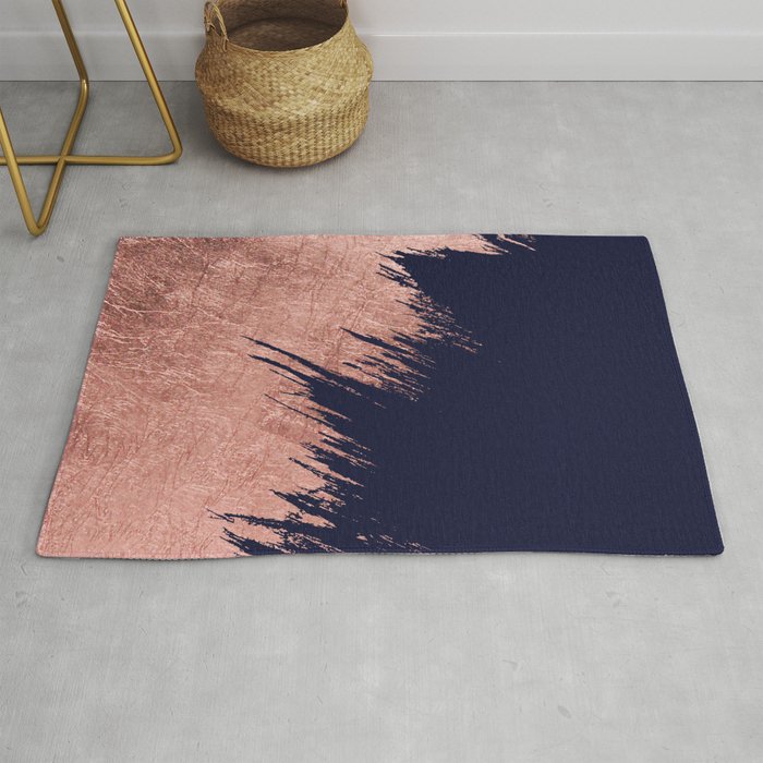 Navy blue abstract faux rose gold brushstrokes Rug