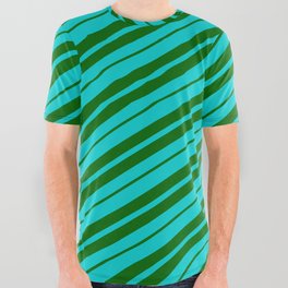 [ Thumbnail: Dark Turquoise & Dark Green Colored Lined/Striped Pattern All Over Graphic Tee ]