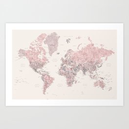 Dusty pink and cream watercolor detailed world map Madelia Art Print