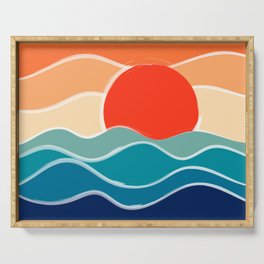 Retro 70s and 80s Color Palette Mid-Century Minimalist Nature Waves and Sun Abstract Art Serving Tray