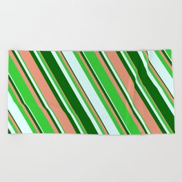 [ Thumbnail: Dark Salmon, Lime Green, Light Cyan, and Dark Green Colored Stripes/Lines Pattern Beach Towel ]