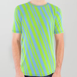 [ Thumbnail: Light Green & Light Sky Blue Colored Lines/Stripes Pattern All Over Graphic Tee ]