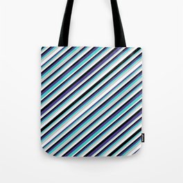 [ Thumbnail: Eyecatching Turquoise, Light Grey, White, Black & Dark Slate Blue Colored Stripes Pattern Tote Bag ]