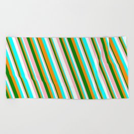 [ Thumbnail: Vibrant Dark Orange, Green, Light Pink, Mint Cream, and Aqua Colored Striped/Lined Pattern Beach Towel ]