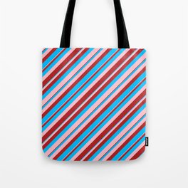 [ Thumbnail: Deep Sky Blue, Pink, and Red Colored Lined/Striped Pattern Tote Bag ]