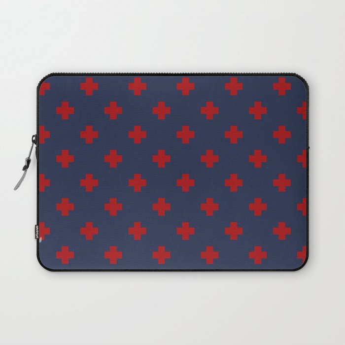 Red Swiss Cross Pattern on Navy Blue background Laptop Sleeve