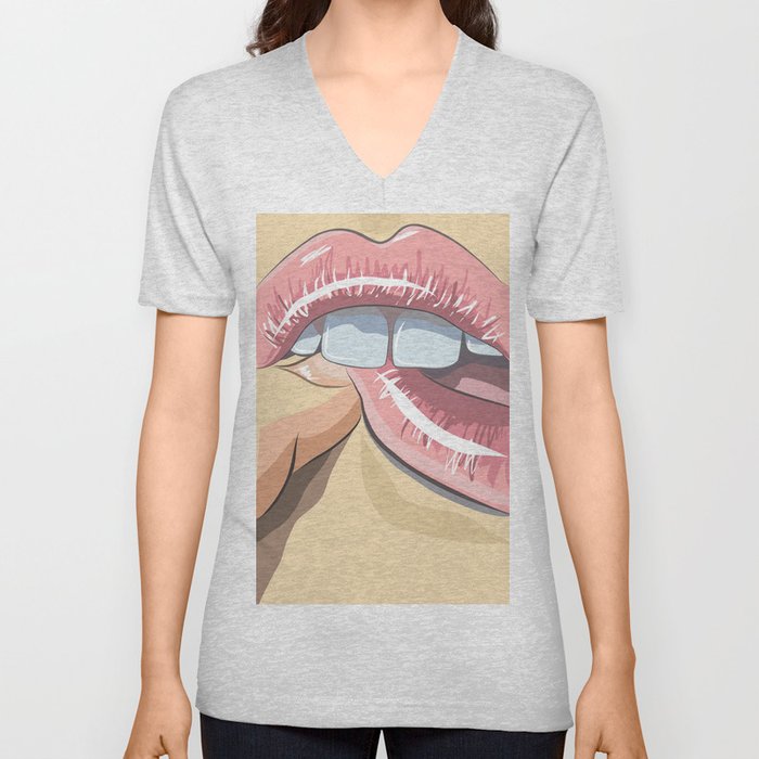 Lips with finger V Neck T Shirt