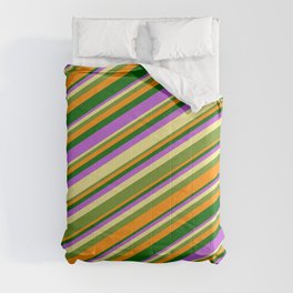 [ Thumbnail: Tan, Green, Dark Orange, Dark Green & Orchid Colored Lines Pattern Comforter ]