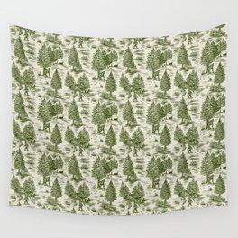 Bigfoot / Sasquatch Toile de Jouy in Forest Green Wall Tapestry