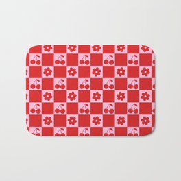 Cherry Flowers Pink & Red Checker Bath Mat | Checks, Checkered, Cherries, Floral, 70S, Floral Pattern, Pink, Summer, 60S, Graphicdesign 