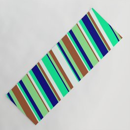 [ Thumbnail: Eye-catching Light Green, Sienna, Mint Cream, Green, and Blue Colored Stripes/Lines Pattern Yoga Mat ]