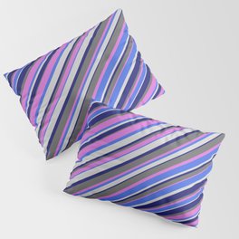 [ Thumbnail: Orchid, Royal Blue, Light Gray, Midnight Blue & Dim Gray Colored Lined Pattern Pillow Sham ]