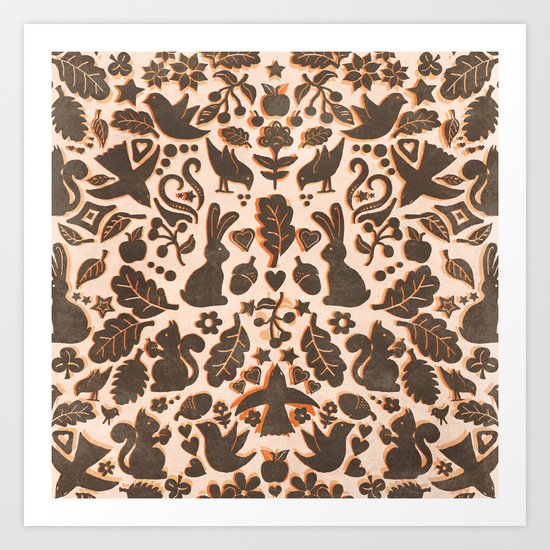 Two Rabbits - folk art pattern in tan, brown, cream & orange Art Print